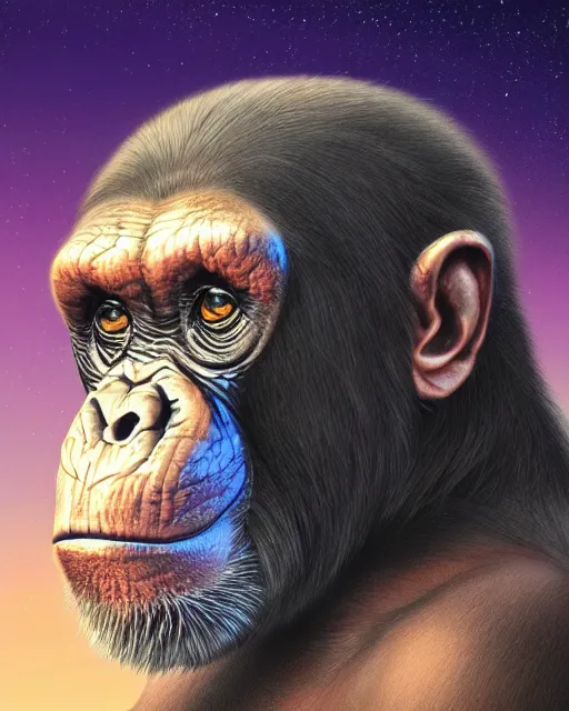 Prompt: very detailed high resolution illustration portrait of a chimpanzee head wearing a helmet, backlit, stars, night, surrounded, 3 d, 8 k, extremely detailed, artstation, award winning