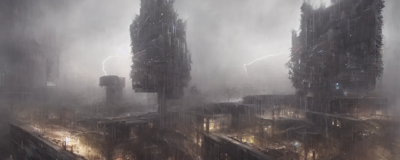 Prompt: brutalist architecture, metal, concrete, mist, rain, night, dramatic lighting, lightning bolt, trending on Artstation, 8k, highly realistic, hyper detailed, unreal engine 5, IMAX quality, realistic, cinematic, epic lighting, realistic, in the style of Peter Mohrbacher and Peter Gric