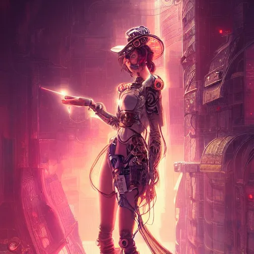 Prompt: portrait futuristic ana de armas steampunk half - cyborg cowgirl, neon light rooftop, fantasy, intricate and very very beautiful and elegant, highly detailed, digital painting, artstation, concept art, smooth and sharp focus, illustration, art by tan zi and ayanamikodon and alphonse mucha and wlop