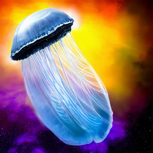 Image similar to A huge jellyfish in space caught by James Webb telescope, Realistic, HDR, Clear Image,