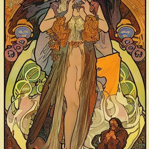 Image similar to doomscrolling. poster art by alfons mucha