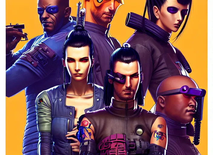 Image similar to cyberpunk samurai team. portrait by stonehouse and mœbius and will eisner and gil elvgren and pixar. character design. realistic proportions. cyberpunk 2 0 7 7 character art, blade runner 2 0 4 9 concept art. cel shading. attractive face. thick lines. the team. diverse characters. artstationhq.