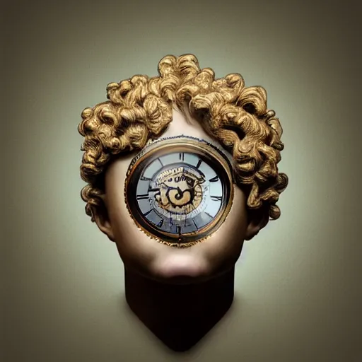 Image similar to human head replaced with clock in baroque style , surrealism , hyperrealistic , photoreaistic