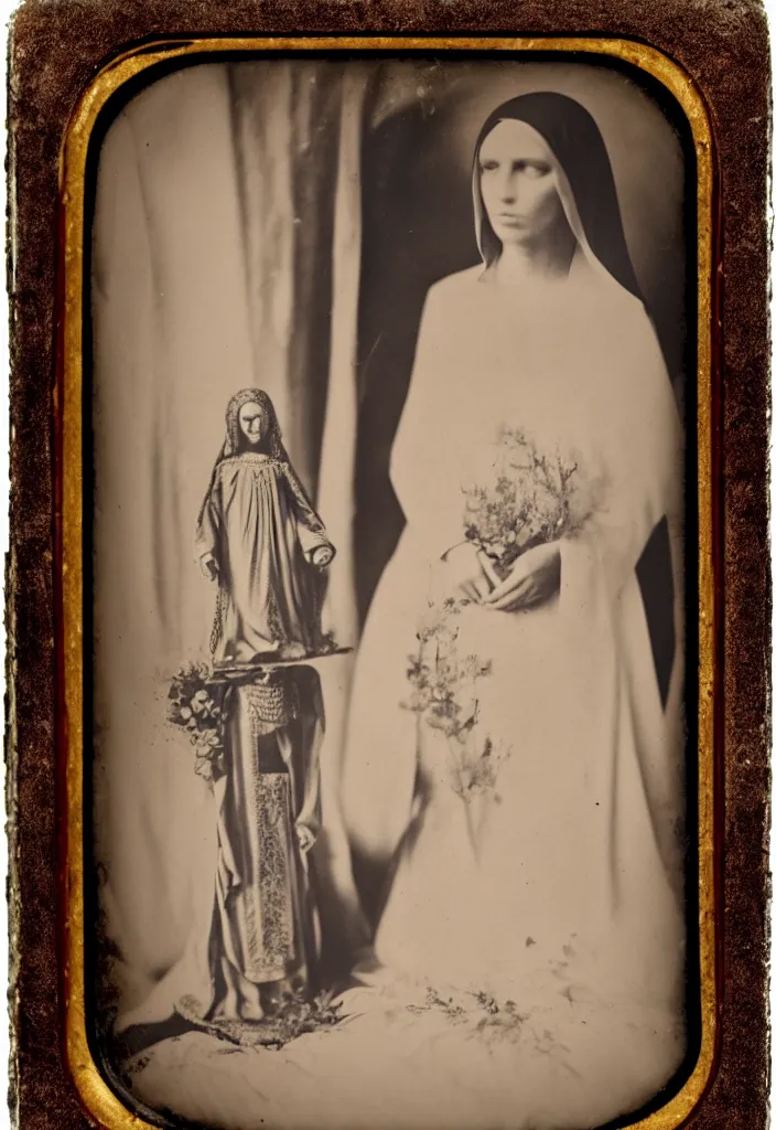 Image similar to daguerreotype, full body view, one woman, virgin mary, dia de muertos dress and make up