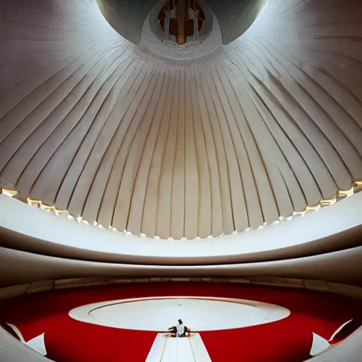 Image similar to interior of a futuristic lotus temple space station with gold, red and white marble panels, by buckminster fuller and syd mead, intricate contemporary architecture, photo journalism, photography, cinematic, national geographic photoshoot