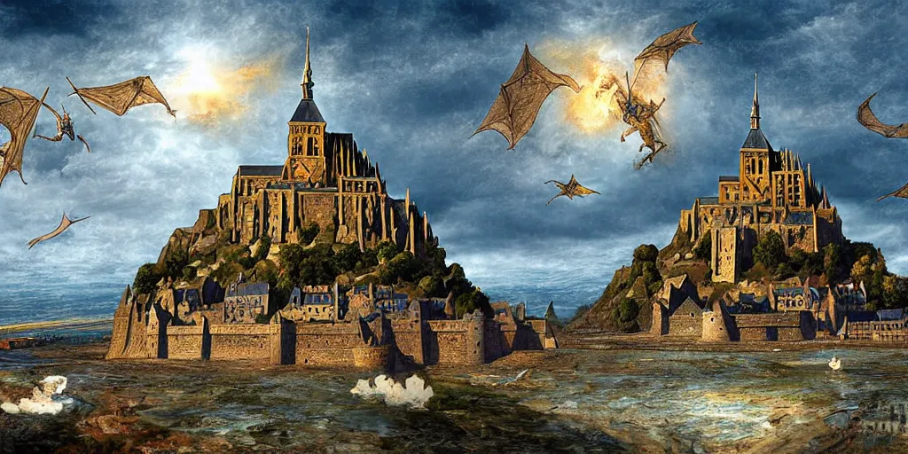 Image similar to landscape of Mont Saint-Michel under attack by dragons, highly detailed digital art