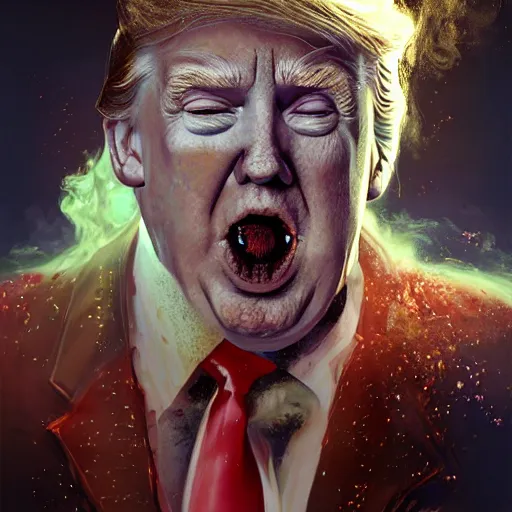 Image similar to Messy Baby Donald Trump covered in chocolate, cyberpunk, surrounded by smoke, award-winning art, hyperrealistic, by Sam Spratt, by Vlad Rodrig﻿u﻿e﻿z, trending on Artstation, dark, dramatic, cinematic, realistic studio lighting, raytracing, 4k, professional, canon