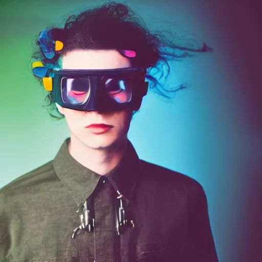 Image similar to kodak portra 1 6 0 photograph of a skinny nerdy goth guy with wild hair wearing goggles and eclectic jewelry, moody lighting, telephoto, 9 0 s vibe, rave background, vaporwave colors, faded!,