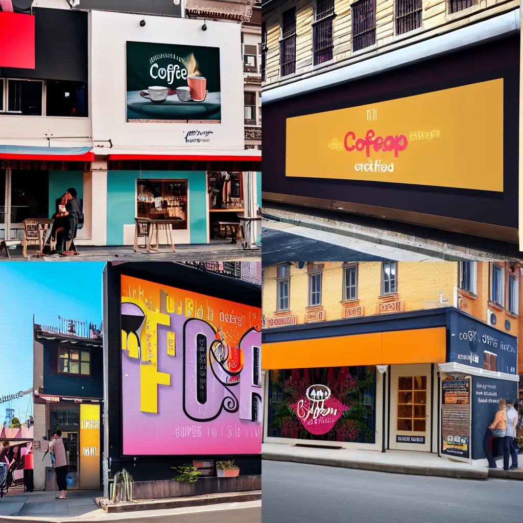 Prompt: a coffee shop facade, with its name on a bright and interesting billboard design that catchs your attention. Some people passing by and admiring the billboard. Some people can be seen inside the shop too