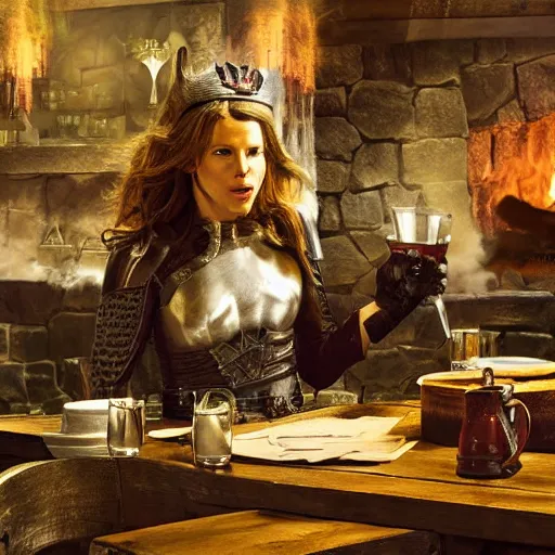 Prompt: kate beckinsale weared in full plate armor, sit in fantasy tavern near fireplace, behind bar deck with bear mugs, medieval dnd, by NC Wyeth, 4k