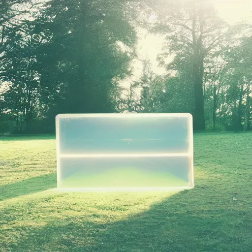 Image similar to a pastel coloured Polaroid photo of a minimalist sunbed made of transparent iridescent perspex stood in a field, beams of light, nostalgic