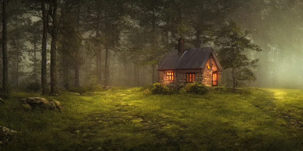 Prompt: solitary cottage in the woods, 8k, fantasy, photorealistic, dramatic lighting