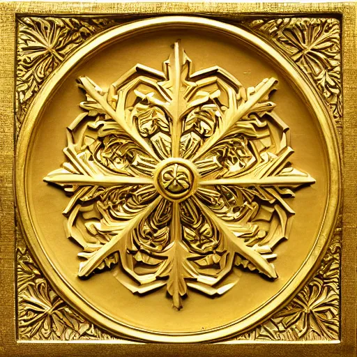 Image similar to ornate engraved carving of a snowflake on a gold panel