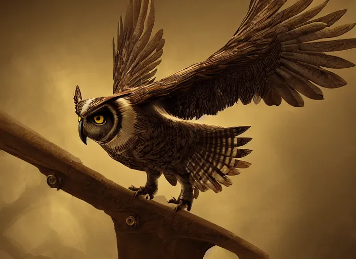 Image similar to a flying Warrior owl art nuveau, steampunk, symmetry, cinematic lighting , unreal engine,