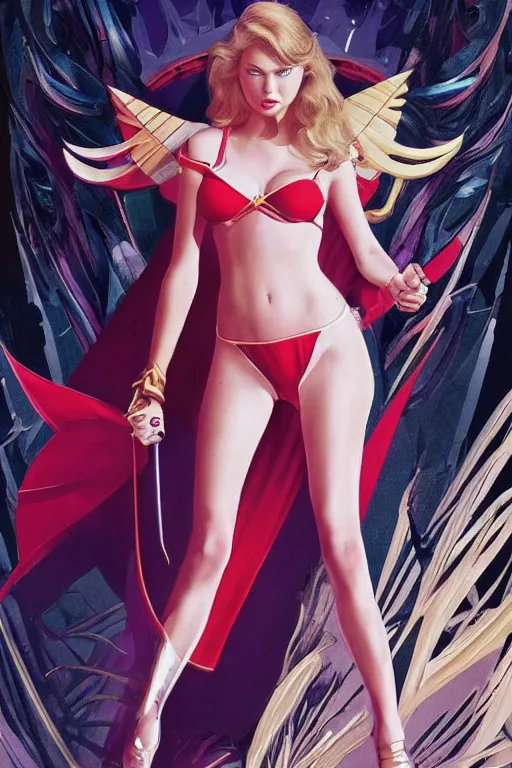 Image similar to she - ra, taylor swift face, kate upton body, portrait, full body, symmetrical features, helmut newton, mucha, master prime lenses, cinematic