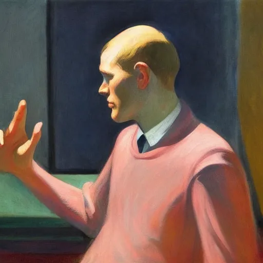 Image similar to a man waving. Hands donr by Edward Hopper.