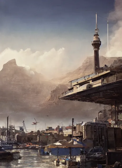 Image similar to hyper realistic robot attacking cape town city harbor beautiful details, strong composition, poster painted by weta studio rutkowski, james gurney and greg rutkowski, and lucasfilm