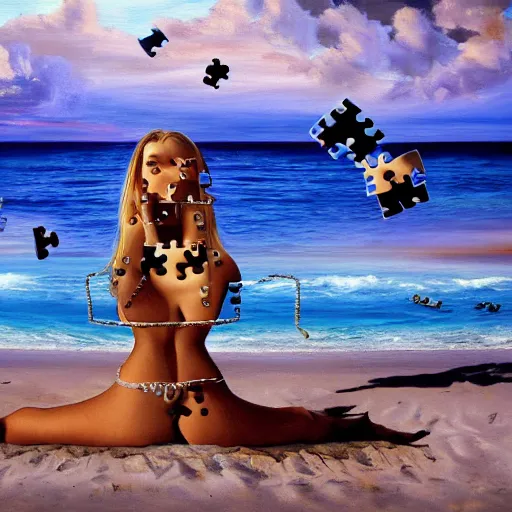 Image similar to A surreal oil painting of a puzzle containing a beautiful woman on a desert beach with scattered puzzle pieces by Salvador Dali, dark vibes, high contrast, cinematic, depth of field