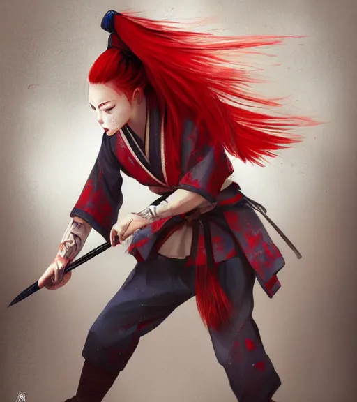 Prompt: a girl with red hair holding a katana, samurai outfit, japanese clothes, ponytail, action shot, highly detailed, digital painting, artstation, concept art, smooth, sharp focus, illustration