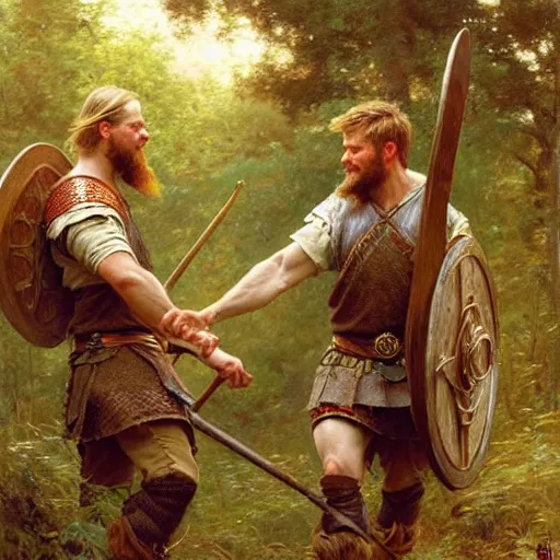 Image similar to 2 attractive male vikings frolicking in the forest. highly detailed painting by gaston bussiere, craig mullins, j. c. leyendecker, 8 k