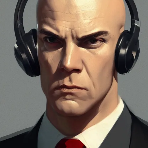 Image similar to a portrait pf agent 4 7 from hitman wearing headphones, highly detailed, digital art, artstation, concept art, smooth, sharp focus, greg rutkowski, wlop