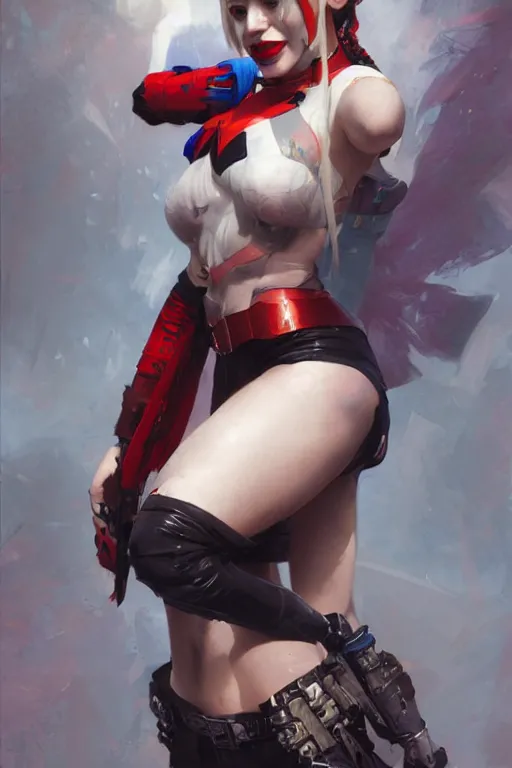 Prompt: portrait of Harley Quinn, dc comics, cyberpunk, Warhammer 40000, digital art from artstation by Ruan Jia and Mandy Jurgens and Artgerm and william-adolphe bouguereau