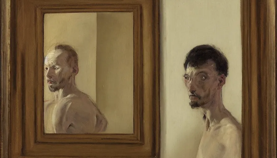 Image similar to painting by borremans, sketched man in front of the mirror, detailed, stunning