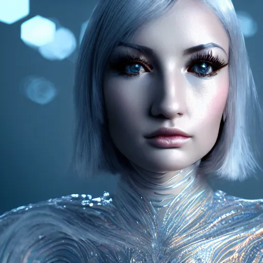 Image similar to beautiful pragmatic face, crystal, platinum, copper, biomechanoid with incredible iridescent pearlescent voluminous fiberoptic hair, crystalline masterpiece implants, hyperdetailed face, elegant pose, movie still, intricate, octane render, cinematic forest lighting, unreal engine, dieselpunk setting, crepuscular rays, god rays.