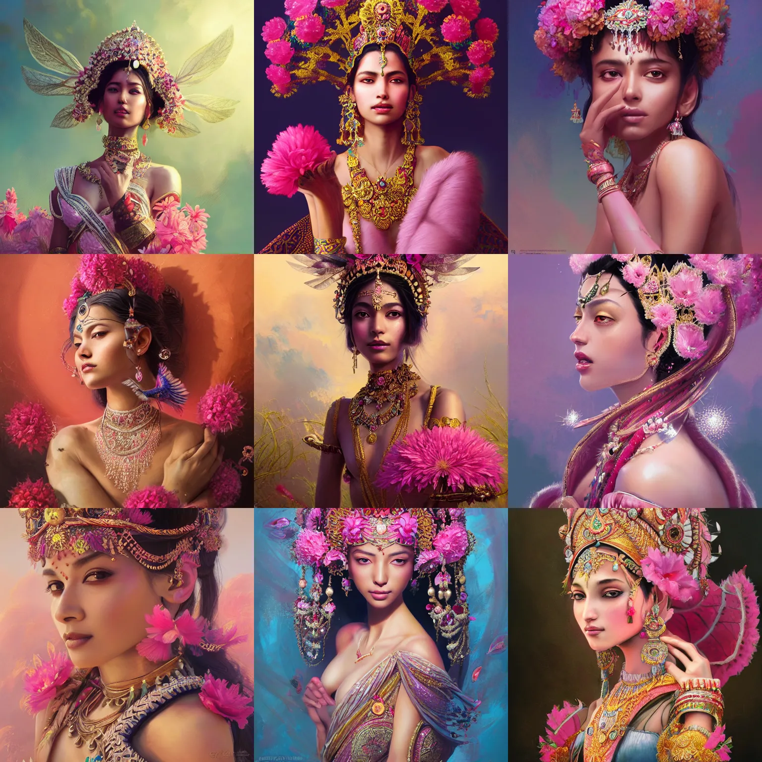 Prompt: expressive full body oil painting, of indian princess, smooth glowing skin, ornate headpiece made from pink flowers, glamour shot, by yoshitaka amano, by greg rutkowski, by jeremyg lipkinng, by artgerm, digital art, octane render