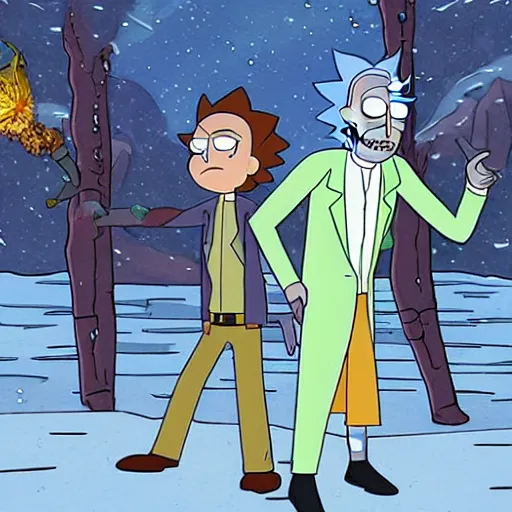 Image similar to Rick and morty in winterfell