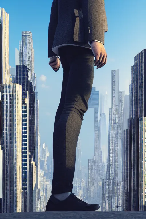 Prompt: man larger than skyscrapers walks around the city, low angle shot, highly detailed, digital art, sharp focus, super realistic, ultrarealism, photorealism, trending on artstation, award winning, 4 k post - processing highly detailed