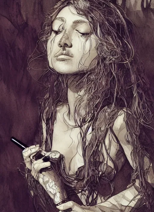 Image similar to portrait, beautiful Stoner hippy girl, sitting down, smoking a magical bong, watercolor, dramatic lighting, cinematic, establishing shot, extremely high detail, foto realistic, cinematic lighting, pen and ink, intricate line drawings, by Yoshitaka Amano, Ruan Jia, Kentaro Miura, Artgerm, post processed, concept art, artstation, matte painting, style by eddie mendoza, raphael lacoste, alex ross