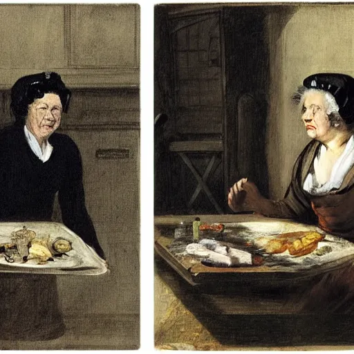 Prompt: queen elizabeth as an old dinner lady in a run down inner city london school, dark and depressing, by goya and hogarth