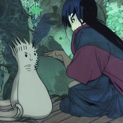 Prompt: jinko showing a new mushi, mushishi