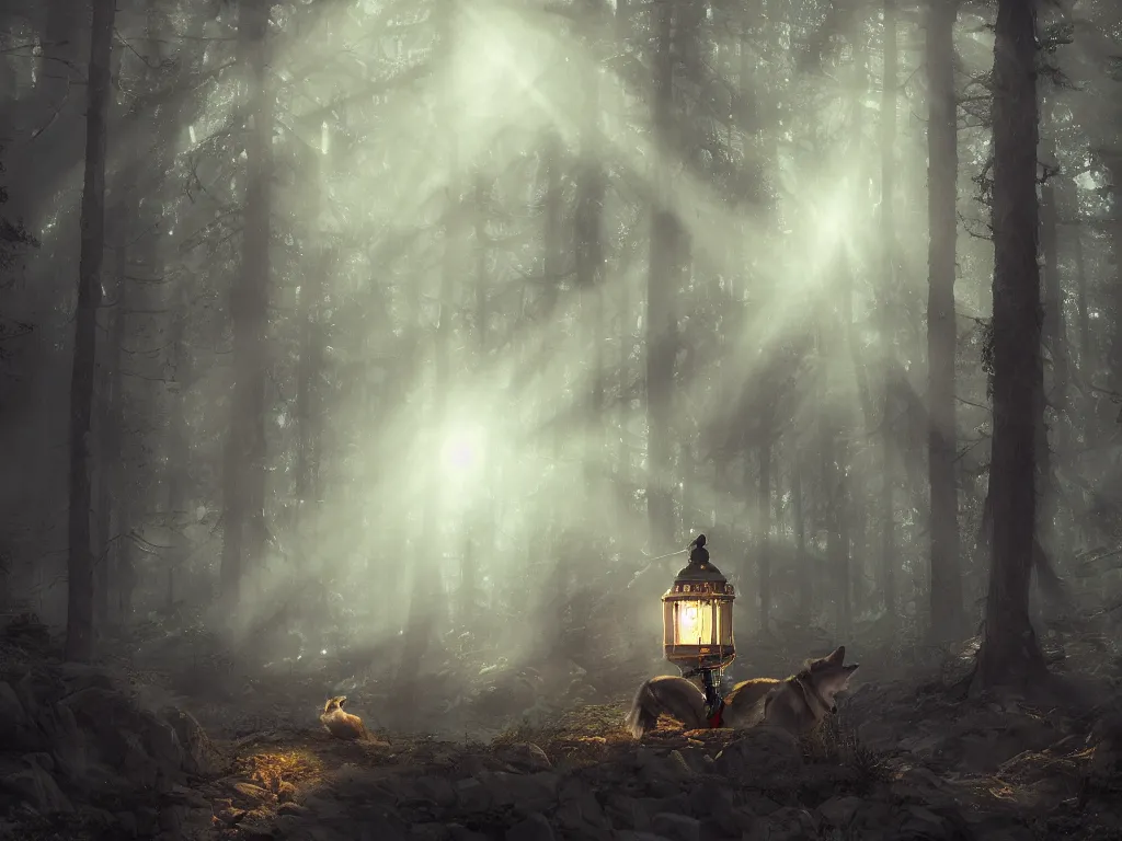 Image similar to a wolf with a lantern held on its mouth travelling through a dark, gloomy forest with stars around it, zaba style, cinematic, sunbeams, detailed, hq, trending on artstation, wide shot, dramatic lighting