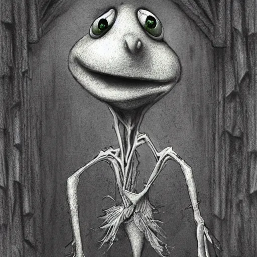 Image similar to michael karcz grunge drawing of kermit the frog. , in the style of corpse bride, loony toons style, horror themed, detailed, elegant, intricate