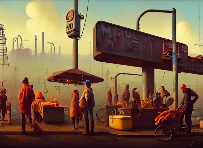 Prompt: waiting in line for crude oil by simon stalenhag and gil elvgren and tom bagshaw and marc simonetti and jan miense molenaer and arthur adams, surrealism, slums, diner scene, highly detailed, hyperrealism, smog, gas masks, blended palette