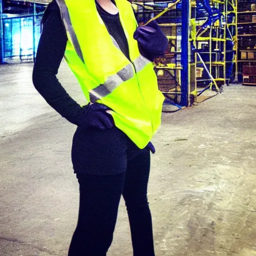 Image similar to photo, close up, emma watson in a hi vis vest, in warehouse, 2 0 0 8 android cameraphone, instagram photo, 2 6 mm,