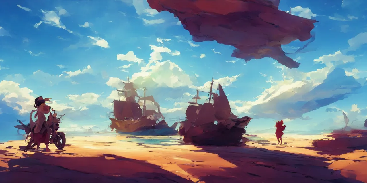 Image similar to blue desert with pirate ship in the sky, official fanart behance hd artstation by jesper ejsing, by rhads, makoto shinkai and lois van baarle, ilya kuvshinov, ossdraws