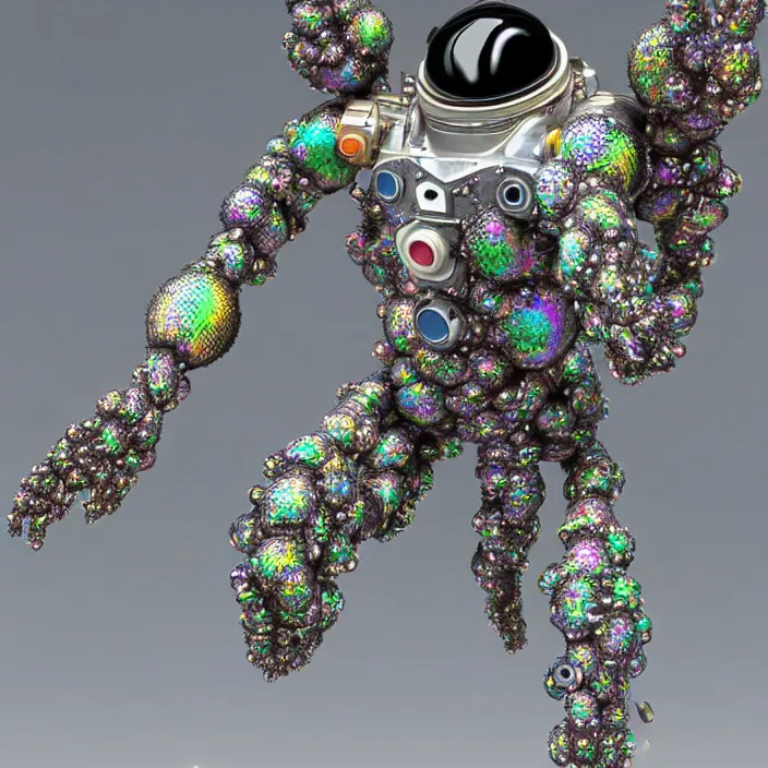 Image similar to a cybernetic symbiosis of a single astronaut mech-organic eva suit made of pearlescent wearing anodized thread knitted shiny ceramic multi colored yarn thread infected with kevlar,ferrofluid drips,carbon fiber,ceramic cracks,gaseous blob materials and diamond 3d fractal lace iridescent bubble 3d skin dotted covered with orb stalks of insectoid compound eye camera lenses orbs floats through the living room, film still from the movie directed by Denis Villeneuve with art direction by Salvador Dalí, wide lens,