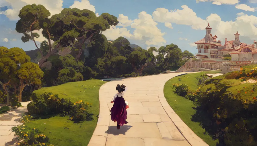 Prompt: scenic pathway leading to a luxurious coastal mansion of count dracula, hyperdetailed, artstation, cgsociety,by studio ghibli painting,by Joaquin Sorolla rhads Leyendecker, by Ohara Koson and Thomas, 8k