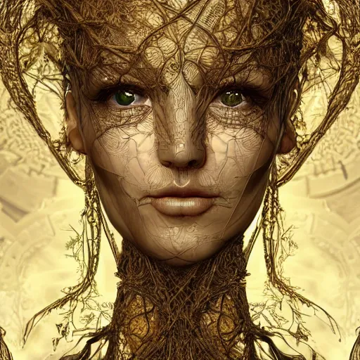 Image similar to human portrait, ethereal, face, crystal, intrincate, cgsociety, devianart, ornate, maximalist, fine art, golden details, carved, tarot card enviroment, rococo, baroco, fractal backgroud, wrapped in vines and wires