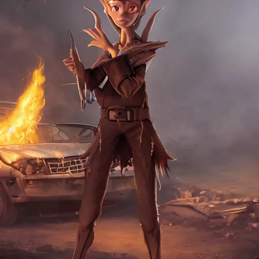 Image similar to a skinny high-fantasy elf with a long narrow face and spiky blonde hair wearing dark brown overalls and holding a bomb next to a destroyed car, high resolution film still, 8k, artstation