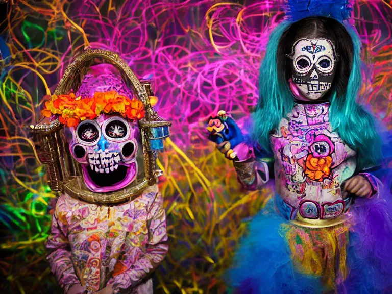 Image similar to A child wearing dia de los muertos face make-up and a luchador costume sits in a cage, during a 1980s laser show, and whispers secrets to her guardian spirit. Lowbrow, pop surrealism art style, alebrijes aesthetic, contemporary art illustration, photography by Steven Curry, ultra real 8k photography