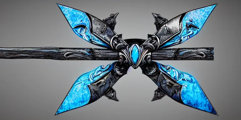 Image similar to glacier warrior bow, blue snow theme bow, fantasy bow of warrior, armored bow, glacier coloring, epic fantasy style art, fantasy epic digital art, epic fantasy weapon art