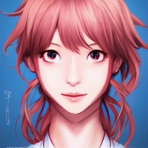 Image similar to portrait of Sayori from Doki Doki Literature Club, detailed facial features, optimistic colors, bright eyes, clear eyes, warm smile, delicate, clean shot, by artgerm