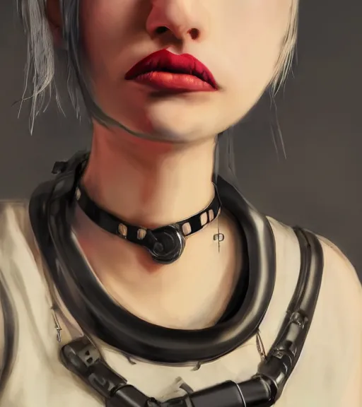 Image similar to detailed realistic female character cyberpunk wearing thick steel collar around neck, realistic, art, beautiful, 4K, collar, choker, collar around neck, punk, artstation, detailed, female, woman, choker, cyberpunk, neon, punk, collar, choker, collar around neck, thick collar, tight around neck, punk,