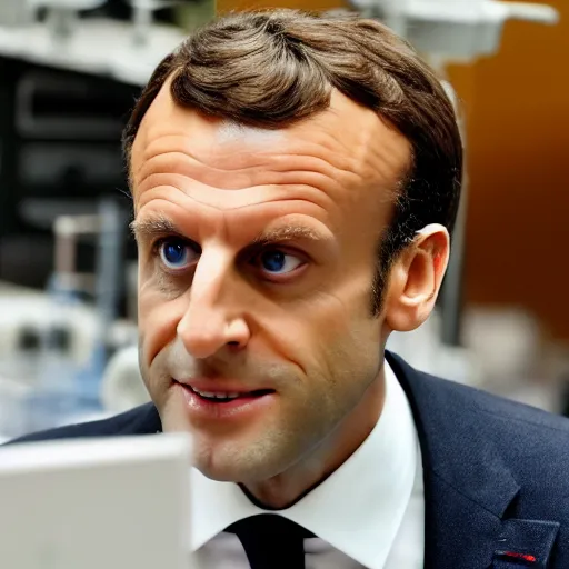 Prompt: cctv screenshot of Emmanuel Macron in a science lab