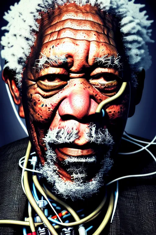 Image similar to a very detailed portrait of a old African man, Morgan Freeman, with dreadlocks, biotech, machine, photorealistic, highly detailed rendering with a cyberpunk style_ robotic arms, dramatic cinematic lighting