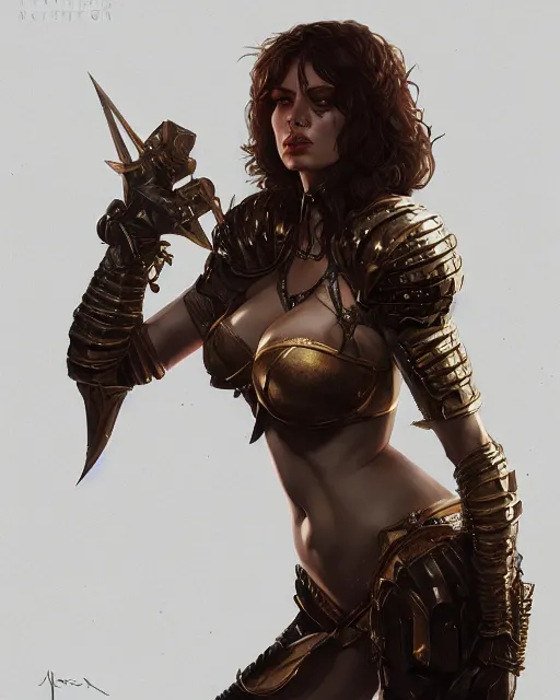 Prompt: Natasha Nice as seductress in armour, au naturel, hyper detailed, digital art, trending in artstation, cinematic lighting, studio quality, smooth render, unreal engine 5 rendered, octane rendered, art style by klimt and nixeu and ian sprigger and wlop and krenz cushart